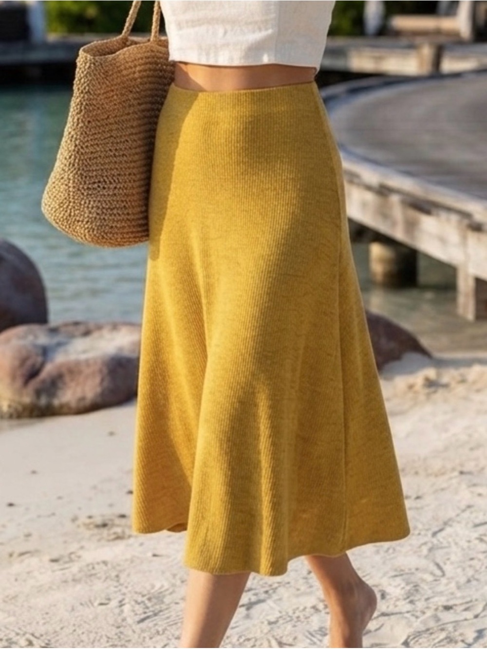 MNG Mango Burnt Yellow Knit Midi Skirt Extra Small